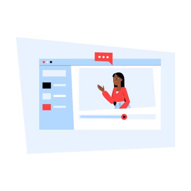 Female influencer presents content in an online video interface, symbolizing social media engagement and digital content creation. Flat vector illustration representing video blogging. clipart