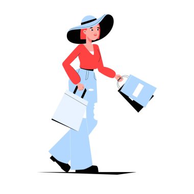 Şapkalı ve günlük kıyafetli şık bir kadın bir sürü alışveriş çantası taşıyor. Moda alışverişini, perakende terapisini ve tüketici yaşam tarzını temsil eden düz vektör çizimi.