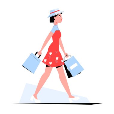 Kırmızı elbiseli ve güneş şapkalı şık bir kadın birden fazla alışveriş çantasıyla geziyor, moda alışverişini ve tüketici yaşam tarzını simgeliyor. Perakende ve moda kavramları için düz vektör illüstrasyonu.