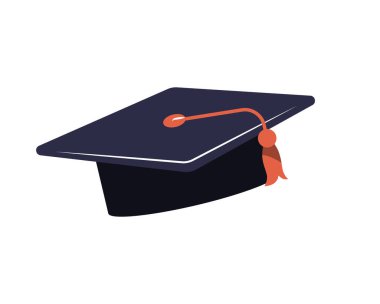 Püsküllü mezuniyet şapkası, akademik başarıyı, yüksek eğitimi, mezuniyet törenini ve başarıyı simgeliyor. Düz vektör çizimi, beyaz arkaplanda izole.