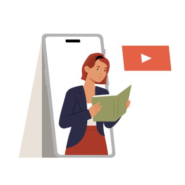 Female educator reading a book while appearing through a smartphone screen, symbolizing online education and virtual learning. Play button icon suggests video content. clipart