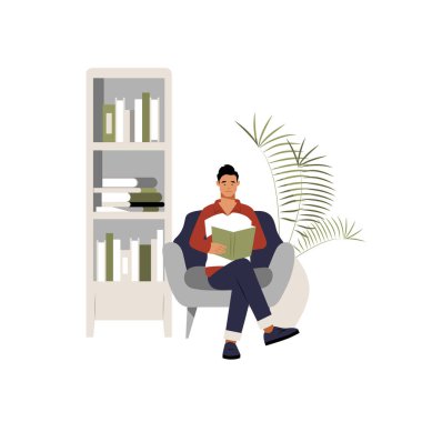 Koltukta oturup rahatlamış bir şekilde kitap okuyan bir adam yassı vektör illüstrasyonunda bilgiyi, öğrenmeyi ve entelektüel gelişimi sembolize ediyor..