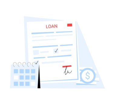 Bir takvim, finansal semboller ve imzalı bir sözleşme içeren kredi anlaşması belgesi. Finansal planlama, kredi onayı ve kredi anlaşmalarını sembolize eden düz vektör illüstrasyonu.