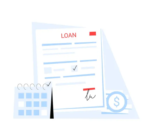 Bir takvim, finansal semboller ve imzalı bir sözleşme içeren kredi anlaşması belgesi. Finansal planlama, kredi onayı ve kredi anlaşmalarını sembolize eden düz vektör illüstrasyonu.