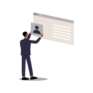 Çevrimiçi bir ortamda dijital kimlik, kullanıcı profili kurulumu ve kişisel markalaşmayı temsil eden çevrimiçi bir web sayfası arayüzüne profil resmi yerleştiren bir erkek profesyonel.