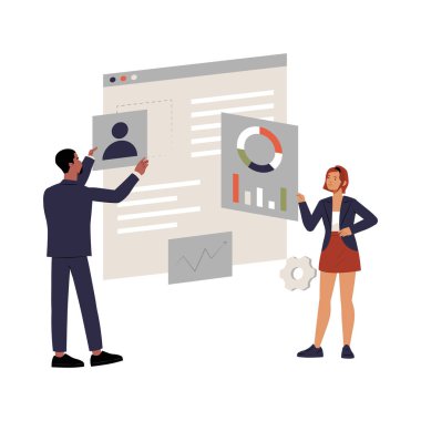 Erkek ve kadın profesyoneller veri görselleştirme ve web sitesi analizleri, grafikler ve kullanıcı arayüzü unsurları düzenleme, dijital pazarlama ve kurumsal stratejiyi sembolize etme konularında işbirliği yaparlar..