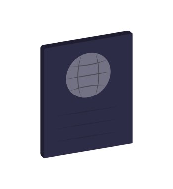 Dark blue passport with a globe icon on the cover, representing travel, identification, and international mobility, isolated on white background. clipart