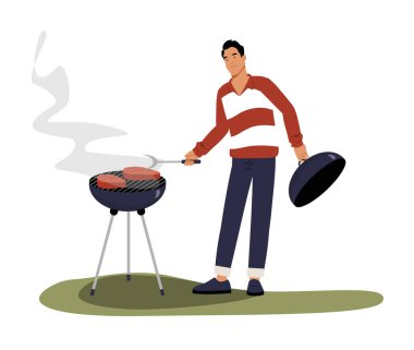 Genç erkek karakter barbeküde et pişiriyor dumanı yükseliyor, açık havada yemek pişirmeyi, pikniği ve yaz barbeküsünü simgeliyor, beyaz arka planda izole edilmiş..