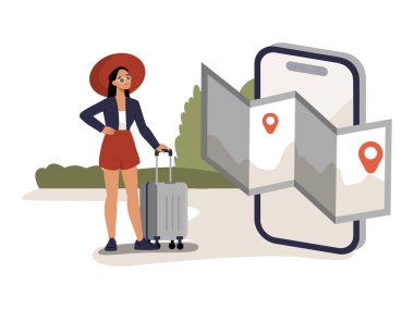 Şapka takan ve bavul taşıyan kadın gezgin büyük akıllı telefonun yanında duruyor. Üzerinde konum işaretleri olan bir harita var. Dijital navigasyon, seyahat planı ve konum takibini sembolize ediyor.