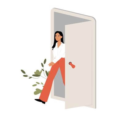 Açık bir kapıdan içeri giren kendine güvenen iş kadını, kariyer gelişimini, başarısını ve düz vektör illüstrasyonundaki yeni fırsatları simgeliyor..