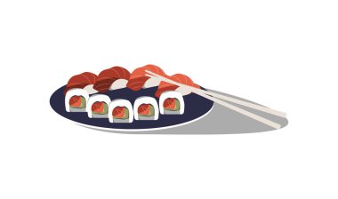 İçinde nigiri ve suşi olan bir suşi tabağı yemek çubuklarıyla mavi bir tabakta yuvarlanıyor. Japon mutfağını ve deniz ürünlerini temsil eden yassı vektör çizimi, beyaz arka planda izole edilmiş..