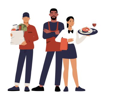 Restoran ekibi yemek servisi yapan bir garsondan, önlüklü bir aşçıdan ve gıda endüstrisini, yemek servisini ve aşçılık işini temsil eden taze malzemeler taşıyan bir bakkal tedarikçisinden oluşuyor.