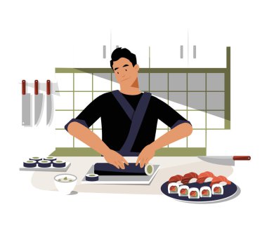 Bir erkek suşi şefi suşi hazırlıyor, taze malzemelerle birlikte suşi rulosu yapıyor. Japon mutfak sanatı, geleneksel yemek ve pişirme sürecini temsil eden düz vektör çizimi.