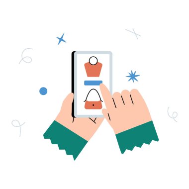 Moda aksesuarları almak için mobil bir cihaz kullanan bir çift el ticareti, dijital perakendeciyi ve mobil alışveriş kolaylığını sembolize ediyor..