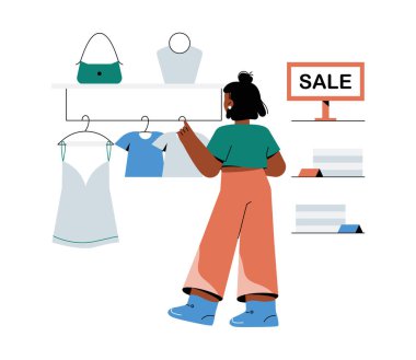 A female character browsing clothing items in a retail store, selecting garments from a sale display. The illustration represents shopping, fashion, and retail discounts. clipart