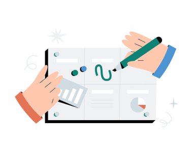 Dijital panoda grafikler ve notlarla bir iş stratejisi planlayan eller. Veri analizi, organizasyon ve üretkenliği temsil eden düz vektör illüstrasyonu.