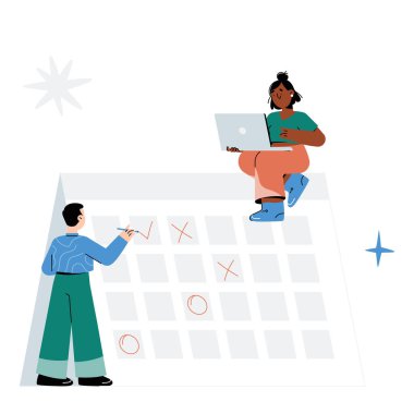 A male team member marks dates on a large calendar while a female colleague sits on top, working on her laptop. Flat vector illustration representing scheduling, organization, and teamwork. clipart