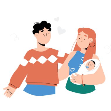 Yeni doğmuş bebeklerini kucağında tutan mutlu genç bir çift düz bir vektör çiziminde ebeveynlik, sevgi ve aile bağlarını sembolize ediyor..