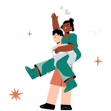 Partnerini sırtında taşıyan bir kadınla neşeli sohbetten hoşlanan mutlu bir çift. Aşk, neşe ve ilişki bağları hakkında düz vektör çizimi. Beyaz arkaplanda izole.