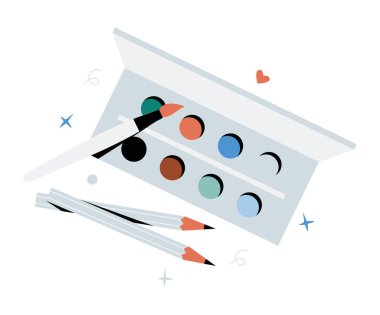 A watercolor palette with various paint colors, a paintbrush, and drawing pencils, symbolizing artistic creativity, painting, and design, isolated on white background. clipart