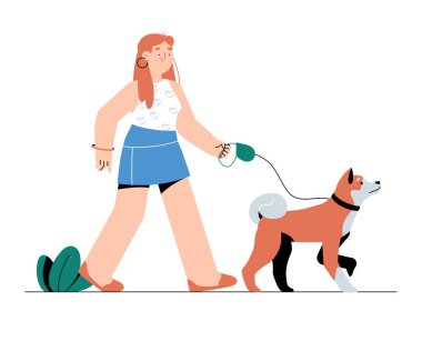 Gündelik yaz kıyafeti giymiş genç bir kadın köpeğini tasmayla gezdirir. Sahne, açık hava aktivitesi ve arkadaşlık içeriyor. Düz vektör illüstrasyonu hayvan bakımı ve boş zamanı sembolize ediyor.