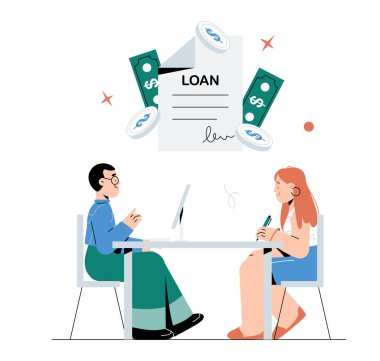 Erkek kredi danışmanı ve bayan müşteri bir ofis masasında kredi anlaşmasını tartışıyorlar. Belge, nakit ve sözleşme ayrıntıları mali danışma, borç verme ve bankacılık hizmetlerini sembolize etmektedir.