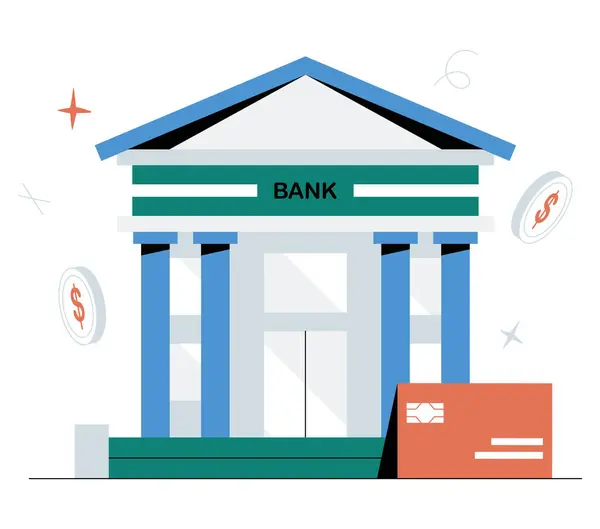 Klasik mimari, sütunlar ve finansal hizmetleri, tasarrufları ve ekonomik güvenliği sembolize eden bir tabela ile geleneksel bir banka binasının düz vektör çizimi.