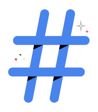 Sosyal medya bağlantısını, dijital eğilimleri ve çevrimiçi etkileşimi temsil eden büyük mavi hashtag sembolü. İçerik oluşturma ve görünürlük kavramı, düz vektör illüstrasyonu.