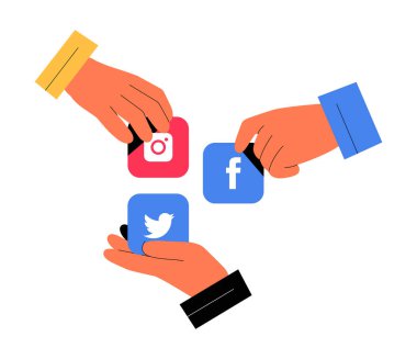 Three hands holding Instagram, Facebook, and Twitter icons, symbolizing social media sharing, digital communication, and networking in an online space. Flat vector illustration, isolated clipart