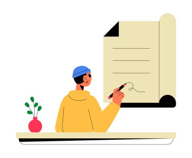 Sarı kapüşonlu bir erkek karakter masasında kalemle yasal bir belge imzalıyor. Sahne sözleşme imzalama, anlaşma, iş onayı ve yasal belgeleri sembolize ediyor.