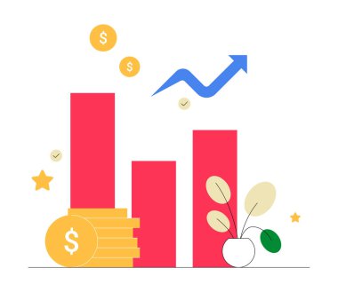 Artan kârlar, para yığınları ve yükselen bir ok ile mali büyüme ve yatırım başarısını sembolize eden finansal bar grafiği. Servet yönetimini temsil eden düz vektör illüstrasyonu.