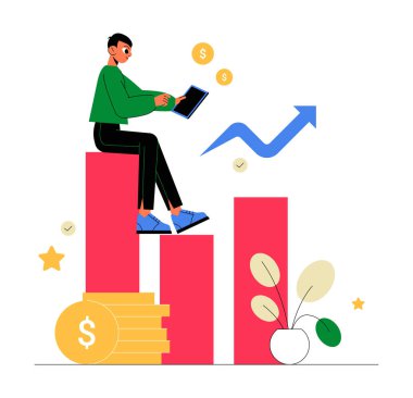 Yükselen bir çubuk grafikte elinde bozuk paralar ve yukarı doğru bir okla oturan erkek girişimci, dizüstü bilgisayarla çalışıyor, yatırımı, finansal başarıyı ve ekonomik stratejiyi temsil ediyor, beyaz üzerinde izole edilmiş.