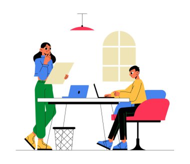 Erkek ve kadın ekip bir ofiste birlikte çalışıyor. Kadın bir belgeyi incelerken, adam dizüstü bilgisayarına odaklanıyor. Takım çalışması ve proje yönetimi hakkında düz vektör çizimi