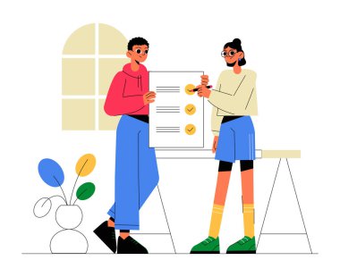 Bir erkek ve kadın meslektaşım çalışma masasının yanında duruyor ve görev ilerlemesi olan bir proje tahtasını inceliyor. Takım çalışmasını, iş planlamasını ve tartışmayı temsil eden düz vektör illüstrasyonu.