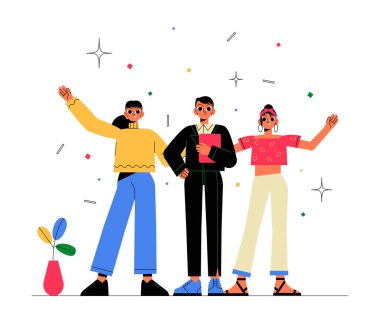 Üç kişi başarıyı kollarını kaldırarak ve konfetiyle kutluyor. Takım elbiseli bir erkek karakter bir kupa tutarken, diğer ikisi başarıyı, takım çalışmasını ve mutluluğu sembolize ediyor..