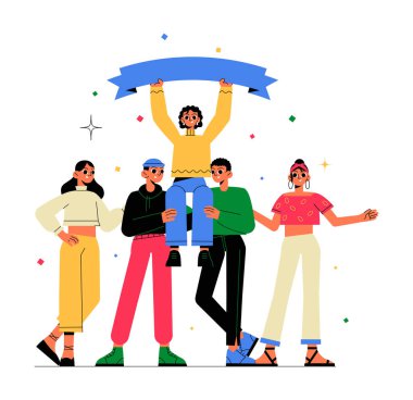 Çeşitli bir arkadaş grubu mavi bayrak taşıyan bir takım arkadaşını kaldırarak başarıyı kutluyor. Sahne takım çalışmasını, başarıyı, dostluğu ve motivasyonu temsil ediyor..