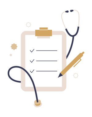 Kontrol işaretli tıbbi kontrol listesi, steteskop, ve bir kalem, sağlık kontrolü, tıbbi kontroller ve hasta kayıtlarını sembolize ediyor. Düz vektör illüstrasyonu.