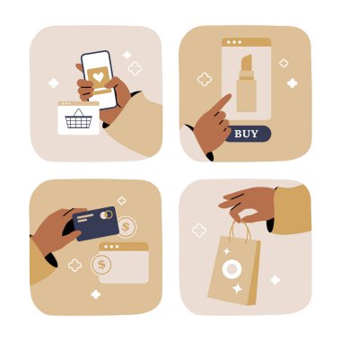 Ürün seçiminden ödeme ve sipariş teslimatına kadar dört adım online alışveriş süreci. Ticareti ve dijital işlemleri sembolize eden düz vektör illüstrasyonu.