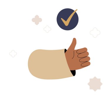 A hand giving a thumbs up with a checkmark above it, symbolizing approval, agreement, and success. Flat vector illustration, isolated on white background. clipart