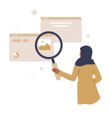 Tesettürlü Müslüman bir kadın elinde büyüteçle ekrandaki dijital içeriği analiz ediyor. Beyaz üzerinde izole edilmiş web araştırmaları, dijital analizler ve çevrimiçi bilgi toplamayı sembolize eder