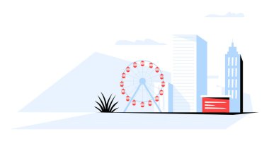 Modern gökdelenleri ve küçük bir binası olan şehir merkezinde kırmızı gondolları olan dönme dolap. Şehir manzarası ve eğlence anlayışı. Düz vektör çizimi, beyaz arkaplanda izole.