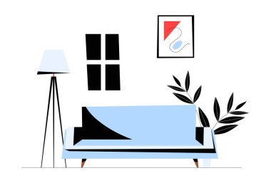 Minimalist oturma odası sahnesinde modern mavi bir kanepe, bir zemin lambası, çerçeveli duvar resimleri, bir pencere ve ev bitkileri var. Ev konforunu ve iç dekorasyonu sembolize eden düz vektör çizimi.