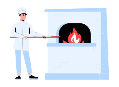 Beyaz üniformalı ve şapkalı bir erkek fırıncı ekmek pişirmek ve kabuğunu tutmak için geleneksel bir fırın kullanır. Düz vektör illüstrasyonu.