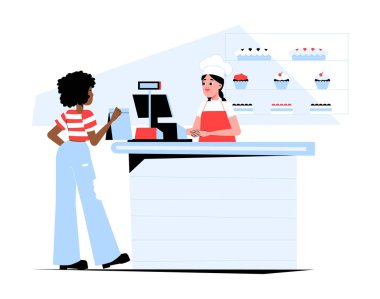 Aşçı şapkası ve önlüğü takan fırın tezgahında müşteriye hizmet eden kadın fırıncı, düz vektör çiziminde çeşitli hamur işleri içeren bir menüyü gösteriyor..