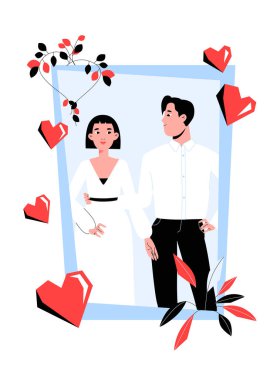 Resmi giyinmiş bir gelin ve damadın çerçeveli düğün portresi. Aşkı, bağlılığı ve evliliği simgeliyor. Romantik bir birlikteliği temsil eden düz vektör çizimi.