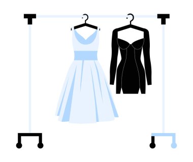 Askılarda açık mavi ve siyah bir elbise askısı var. Moda perakende, giyim ve gardırop organizasyonunu sembolize eden düz vektör çizimi.