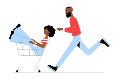 Bir adam elinde elbise olan bir kadınla alışveriş arabasını iterken koşuyor. Eğlenceli bir alışveriş deneyimini ve perakende heyecanını temsil eden düz vektör çizimi.