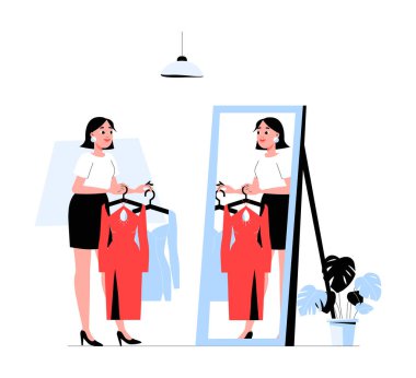 Bir kadın aynanın önünde elinde iki elbiseyle dikilip kıyafet seçimini tasarlıyor. Kişisel tarz seçimini, kostüm kararını ve moda seçimini sembolize eden düz vektör illüstrasyonu