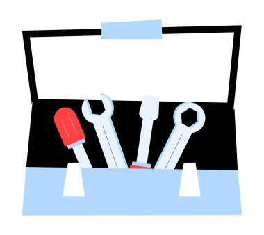 İçinde tornavida ve anahtarlar, bakım, inşaat ve tamirat hizmetlerini sembolize eden önemli tamir araçları bulunan alet kutusunu aç. Düz vektör illüstrasyonu, beyaz üzerinde izole