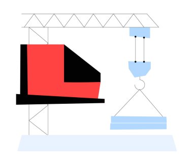 Kule vinci, endüstriyel inşaatı, ağır kaldırmayı ve mühendisliği temsil eden büyük bir çelik kirişi kaldırıyor. Düz vektör çizimi, beyaz arkaplanda izole.